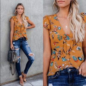 Yellow floral tie blouse